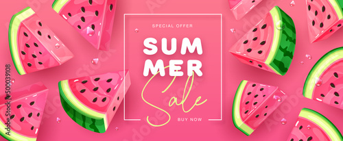 Summer sale poster with slices of watermelon on pink background. Summer watermelon background. Vector illustration