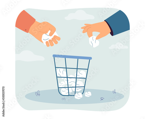 Hands throwing paper in waste basket flat vector illustration. People putting crumpled paper in garbage can. Recycling, paperwork concept for banner, website design or landing web page