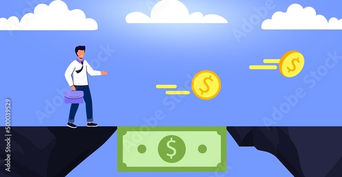 Financial bridge Financial gap Help solution economical crisis Vector illustration concept Money to rescue or support business Assisting people to overcome financial difficulties Insurance Stability