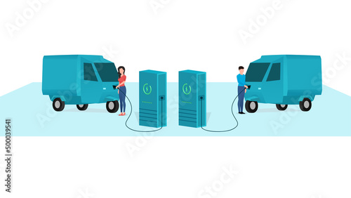 man and woman charging Electric Scooter at electric vehicle charging station, vehicle at EV charge Point, business character vector illustration on white background.