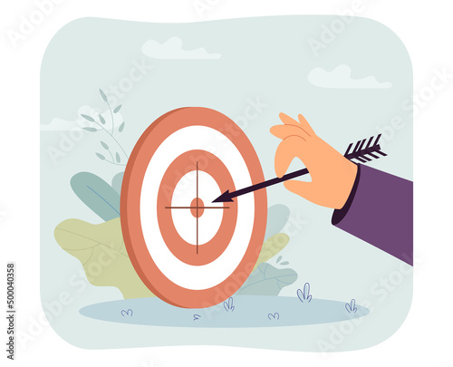 Arrow in center of dart board flat vector illustration. Successful person or businessman achieving goal, aiming at center of target. Competition concept for banner, website design or landing web page.
