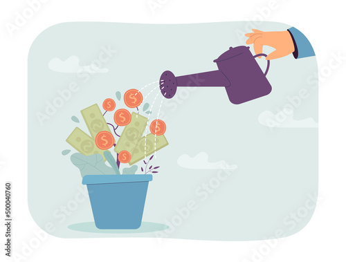 Person watering money tree flat vector illustration. Man making money, investing, increasing income. Growth, finance, investment, success concept for banner, website design or landing web page