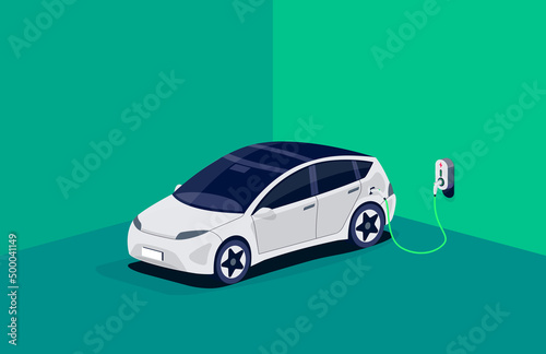 Electric car charging in underground garage plugged at home charger station. Battery EV vehicle standing parking lot connected to wall box. Close up vector being charged with power supply socket. 