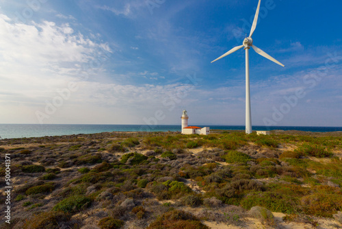 Polente Lighthouse is located at the westernmost edge of Bozcaada and was built in 1861. Polente light is 32 meters high and can send its light up to 15 nautical miles or 28 kilometers. photo