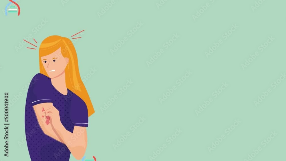 Woman suffering from dermatitis scratching her hand animated video. DNA symbols moving on the background. Chroma key. 4K motion design. Woman suffering from dermatitis scratching her hand animated video. DNA symbols moving on the background. Chroma key. 4K motion design.