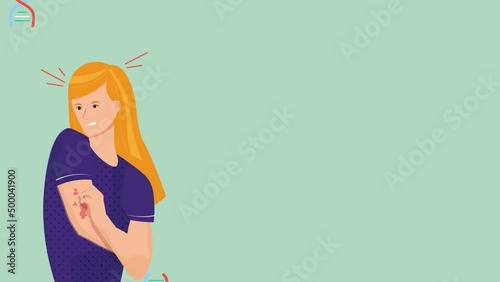 Woman suffering from dermatitis scratching her hand animated video. DNA symbols moving on the background. Chroma key. 4K motion design.