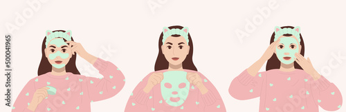 Girl at home in pajamas made a cosmetic mask. Cartoon vector illustration isolated on a white background.