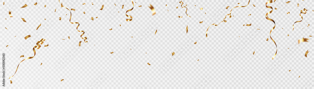 Confetti on a transparent background. Falling shiny golden confetti. Bright golden festive tinsel. Holiday design elements for web banner, poster, flyer, invitation. Vector	
 - obrazy, fototapety, plakaty 