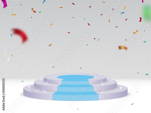 Abstract scene background. Podium background with confetti and ribbons for product presentation, mockup, product showcase, podium, pedestal or platform. Vector
