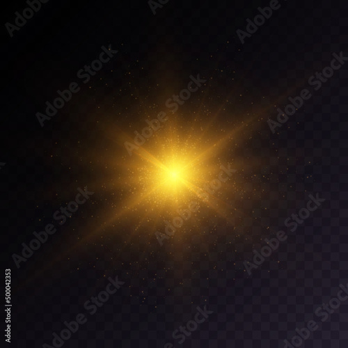 Golden light effect isolated on transparent background. Solar flare with rays and glare.Star formation