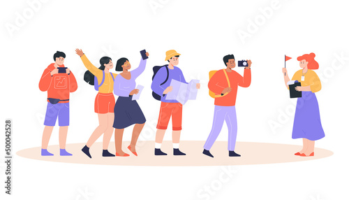 Female guide with group of tourists flat vector illustration. Happy girls and guys having excursion with tour guide holding flag. Men and women taking photo  looking sightseeing. Tourism  trip concept