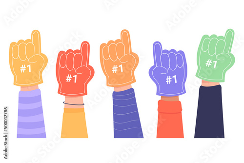 Colorful fans foam fingers flat vector illustration. Sports gams fans cheering football, soccer or basketball team. Support, competition, encouragement, winning concept