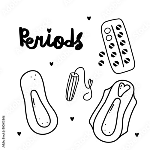 Hand drawn doodle vector set of hygiene products for menstruation