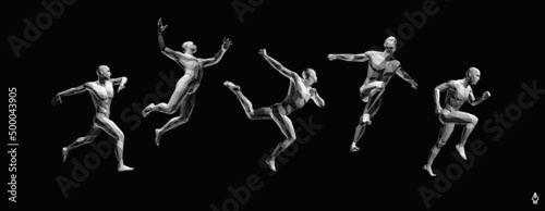 Models of polygonal people in different poses. Running man or marathon runner. Men is dancing and jumping. Design for sport. 3D human body model. Vector for brochure, flyer, logo or banner.