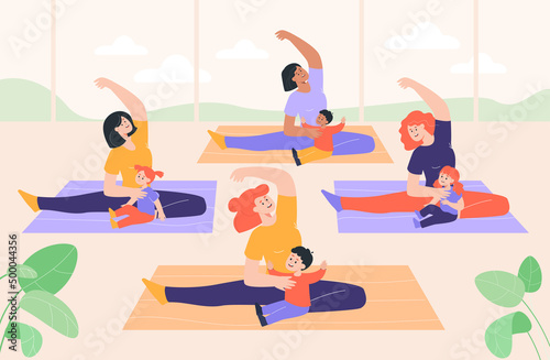 Mothers doing yoga with baby in studio flat vector illustration. Moms sitting on floor, stretching legs with children, doing exercises together. Healthy lifestyle, family sport, fitness, gym concept