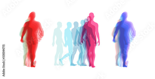Transparent overlapping silhouettes of people. Walking men. Animation frames. Business concept for advertising. Team leader. 3d vector illustration.