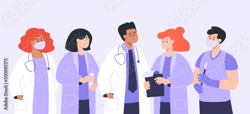 Doctors and nurses talking flat vector illustration. Group or team of female and male physicians in protective masks, eyeglasses, stethoscope wearing uniform. Healthcare, medicine, profession concept