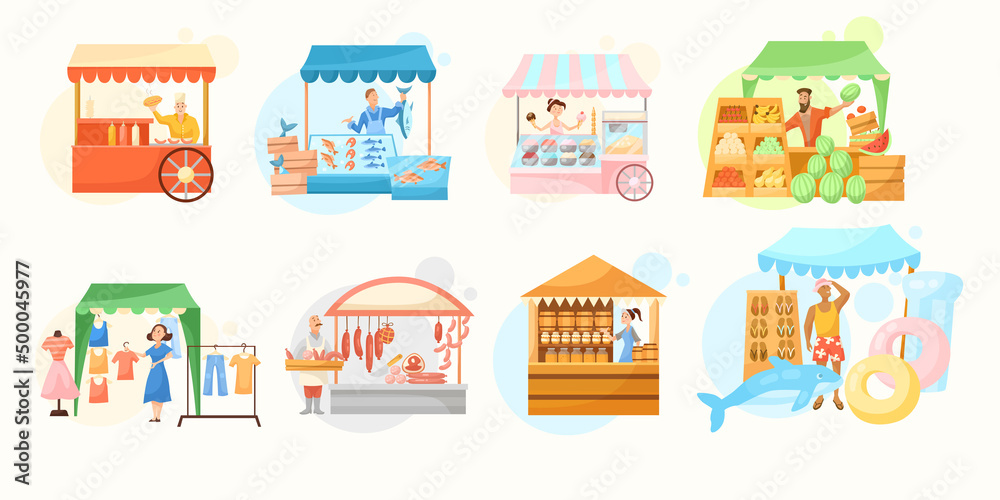 Fair booths with sellers flat vector illustrations set. Kiosks or stores with baker, butcher, vendors or merchants selling fish or seafood, meat, honey, fruit. Food, clothes, street market concept