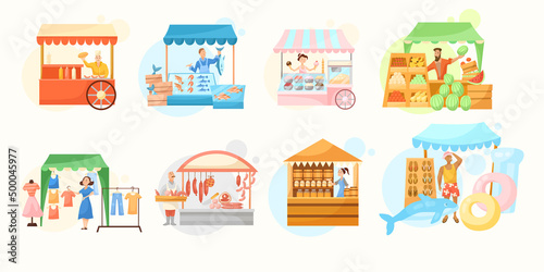Fair booths with sellers flat vector illustrations set. Kiosks or stores with baker  butcher  vendors or merchants selling fish or seafood  meat  honey  fruit. Food  clothes  street market concept