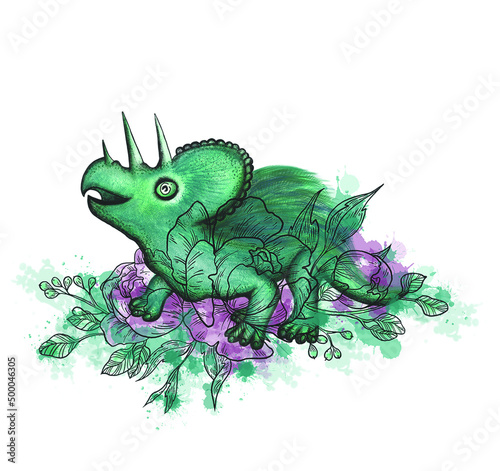 Vector illustration of a green triceratops dinosaur with feathers