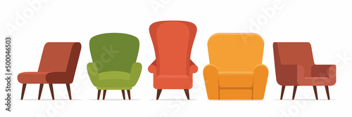 A line of fashionable armchairs. Comfortable Armchairs. Soft furniture for rest and relaxation. Furniture store advertising. Room decoration, interior. Vector illustration.