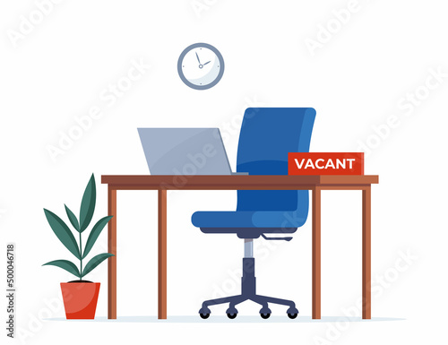 Vacant office workplace. We are hiring employment vacant sign. New company executives vacancy. Empty office armchair for executive. Recruitment and people management vector concept illustration.