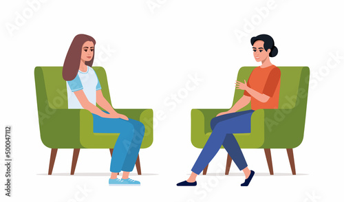 Female psychotherapist has an Individual session with her patient. Woman sits on the chair and her therapist talk her. Talk therapy concept. Vector illustration.