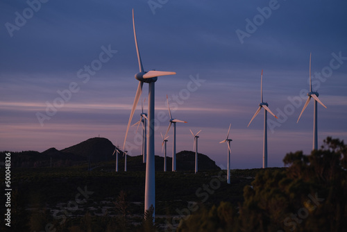Farm of wind turbines on Madeira Island in Portugal at dusk photo