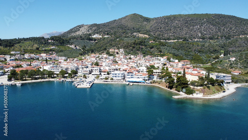 Beautiful view of Palaia Epidavros against the background of green hills. Greece. photo