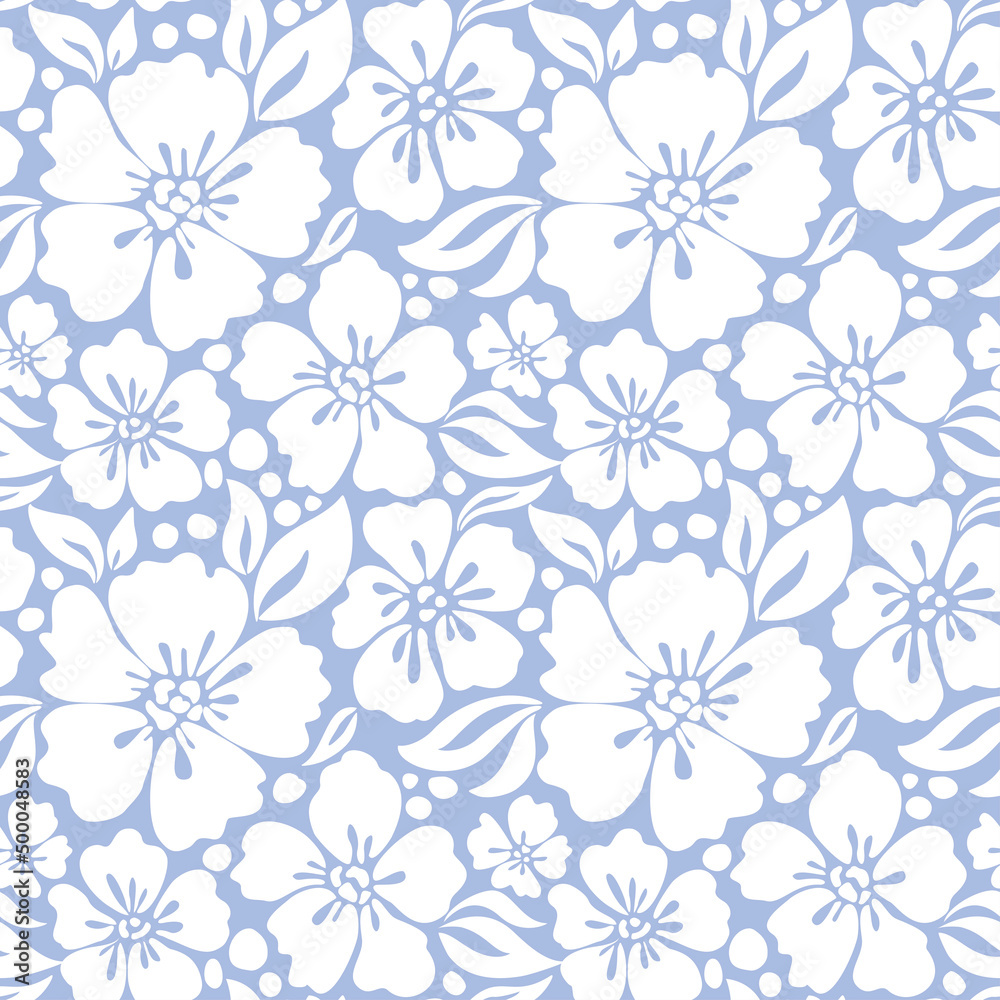 White flowers on a blue background. Seamless pattern for fabric, wrapping, textile, wallpaper, apparel. Vector. White flowers on a blue background. Seamless pattern for fabric, wrapping, textile, wallpaper, apparel. Vector.