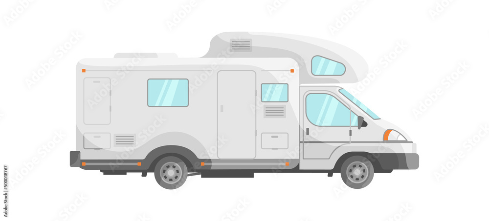 White mobile home. Cute travel truck, motor bus, icon flat vector illustration