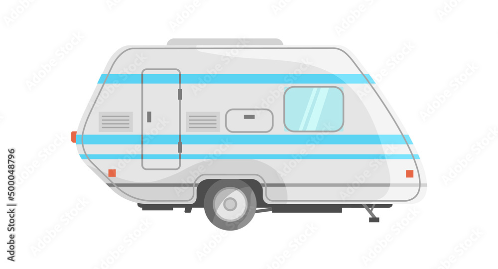 White trailer with blue stripes. Retro tourist auto for road, icon flat vector illustration White trailer with blue stripes. Retro tourist auto for road, icon flat vector illustration