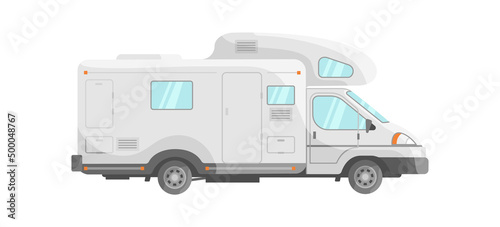 White mobile home. Cute travel truck, motor bus, icon flat vector illustration
