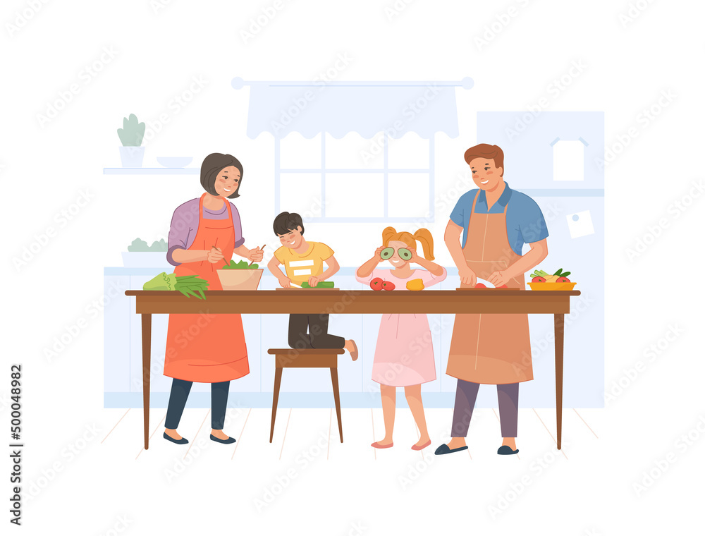 Whole family prepares salad. Cooking together, cook food healthy at kitchen, eating dinner, home vegetable meal, eat at culinary table, vector illustration Whole family prepares salad. Cooking together, cook food healthy at kitchen, eating dinner, home vegetable meal, eat at culinary table, vector illustration