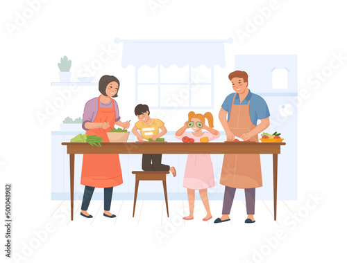 Whole family prepares salad. Cooking together, cook food healthy at kitchen, eating dinner, home vegetable meal, eat at culinary table, vector illustration