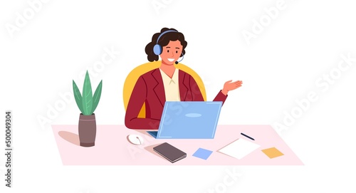 Woman call center operator. Consultant talking phone with laptop, vector illustration