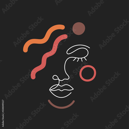 Face of an Afro American woman in a modern abstract minimalist one line style with minimal shapes. Continuous white line of an African girl simple drawing. Isolated on black. Vector illustration.