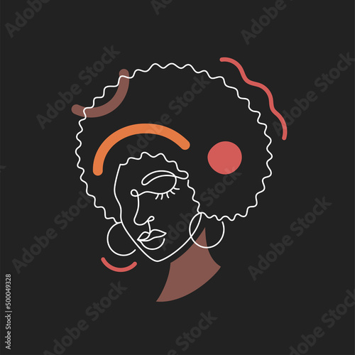 Face of an Afro American woman in a modern abstract minimalist one line style with minimal shapes. Continuous white line of an African girl simple drawing. Isolated on black. Vector illustration.