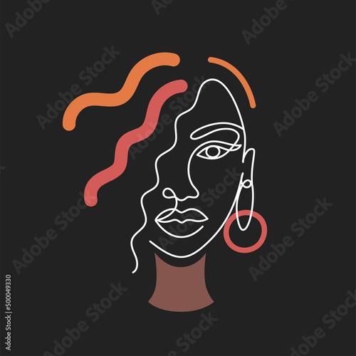 Face of an Afro American woman in a modern abstract minimalist one line style with minimal shapes. Continuous white line of an African girl simple drawing. Isolated on black. Vector illustration.