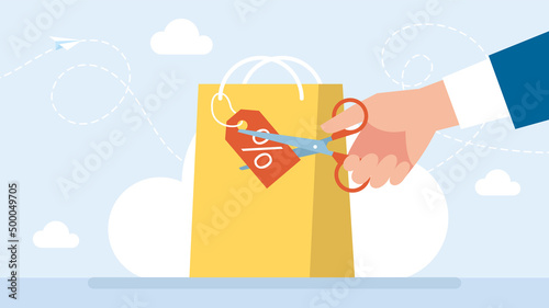 Price reduction. Promotional product. Scissors cut the price tag. Cost reduction. Abstract business metaphor. Marketing technologies. Sale in the shop. Bag with a price tag. Flat vector illustration