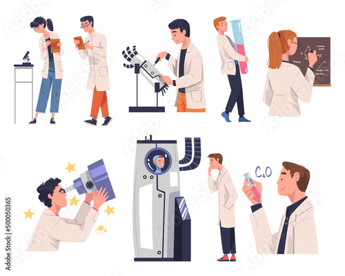 People Scientist Character Working in Laboratory Engaged in Research Vector Set