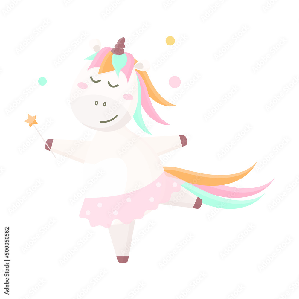 Cute unicorn with a magic wand dancing. Vector illustration in flat cartoon style. 