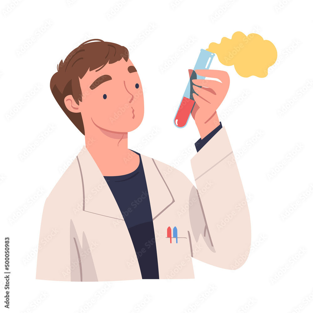 Man Scientist Character in White Coat Holding Glass Flask Vector Illustration Man Scientist Character in White Coat Holding Glass Flask Vector Illustration