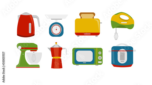 Set of kitchen appliances on white background. Vector illustration home appliances kettle, weights, mixer, toaster, juicer, microwave, multicooker in cartoon style.