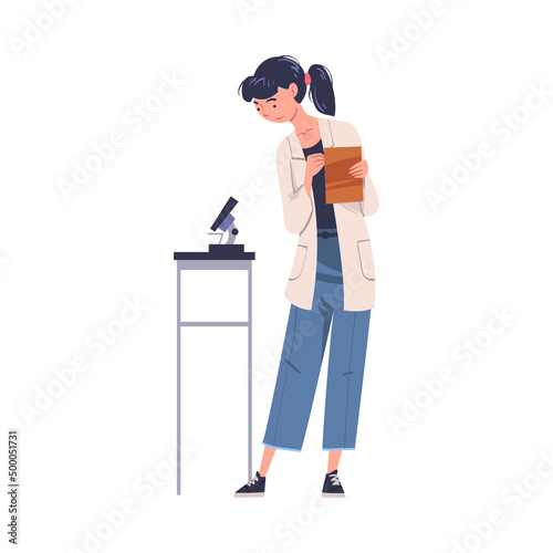 Woman Scientist Character in White Coat Examining Something in Microscope Vector Illustration