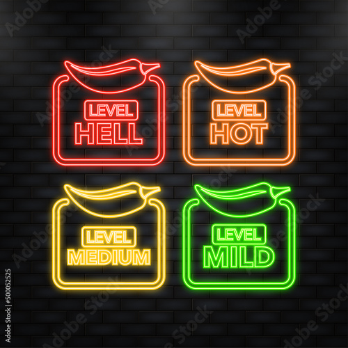 Neon Icon. Hot pepper strength scale indicator with mild, medium, hot and hell positions. Chilli level. Vector illustration