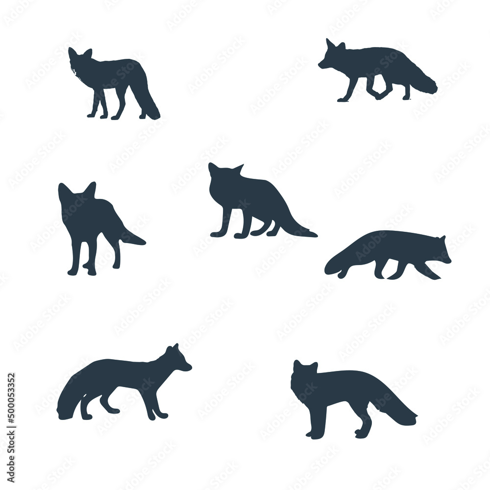  Fox vector silhouette in different poses stock illustration