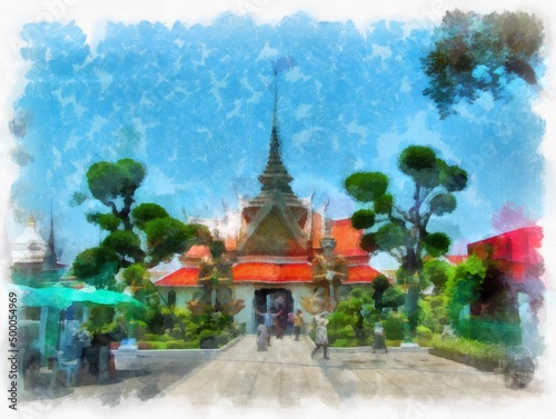 Wat Arun temple ancient Thai architecture in Bangkok watercolor style illustration impressionist painting.