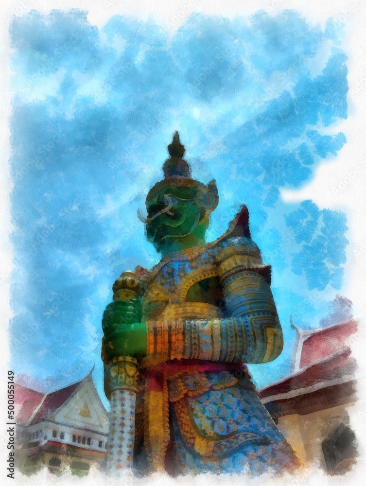 Wat Arun temple ancient Thai architecture in Bangkok watercolor style illustration impressionist painting.