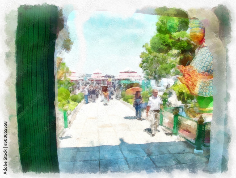 Wat Arun temple ancient Thai architecture in Bangkok watercolor style illustration impressionist painting.